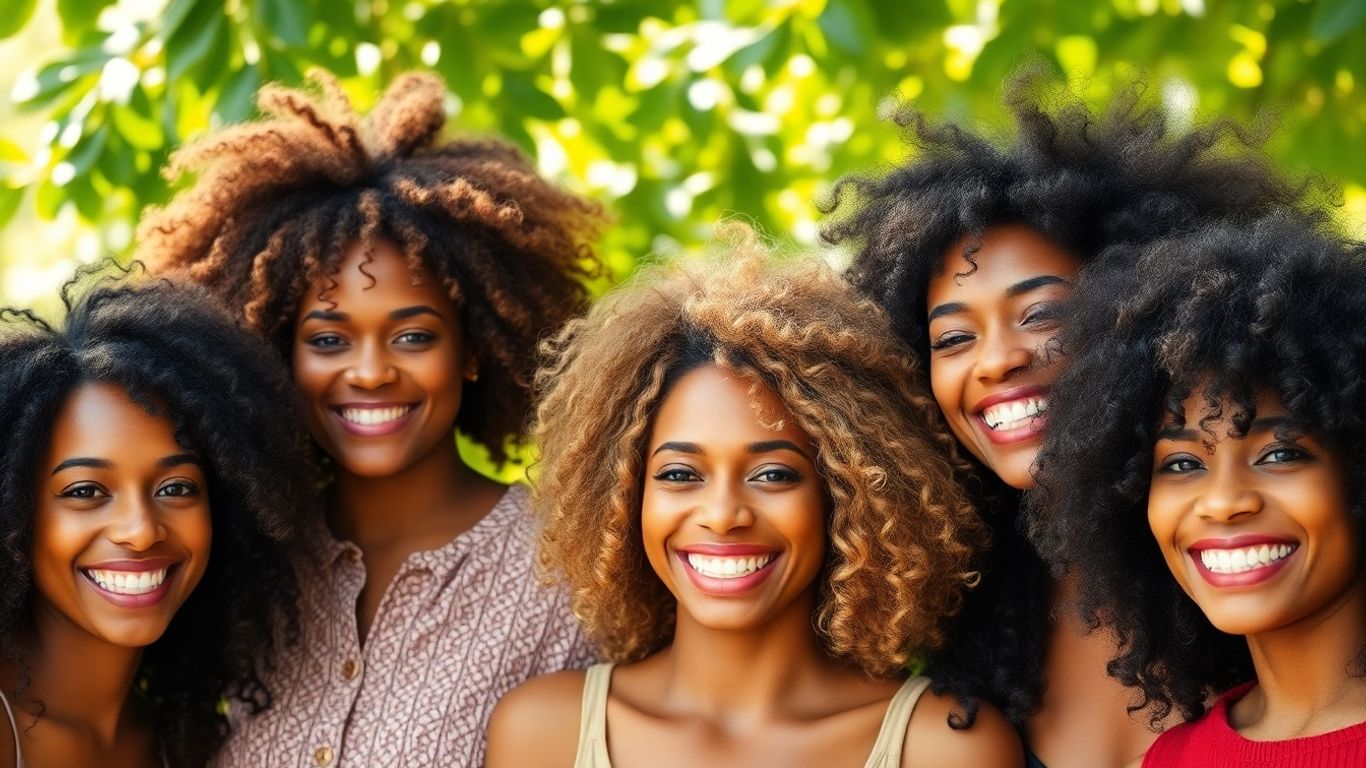 Diverse women with natural hair smiling outdoors together.