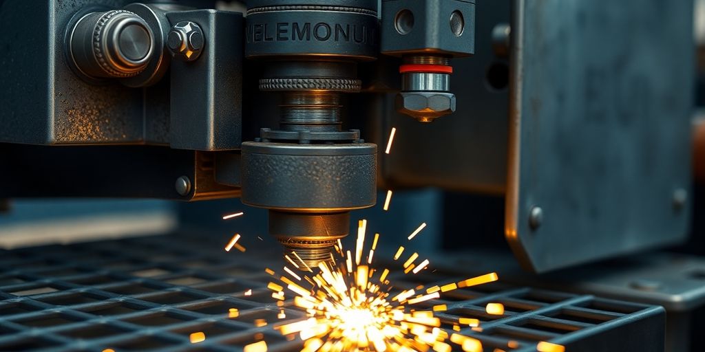 Welding machine working with steel wire mesh in factory.