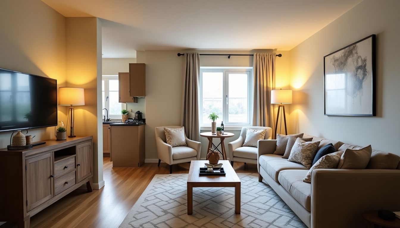 Cozy rental home interior with modern furnishings and decor.