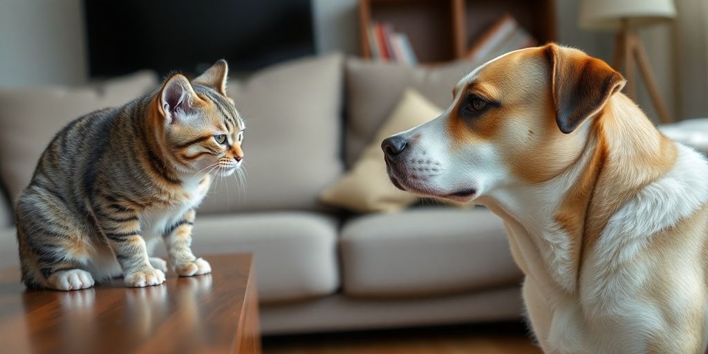 A cat and dog cautiously interacting in a living room.