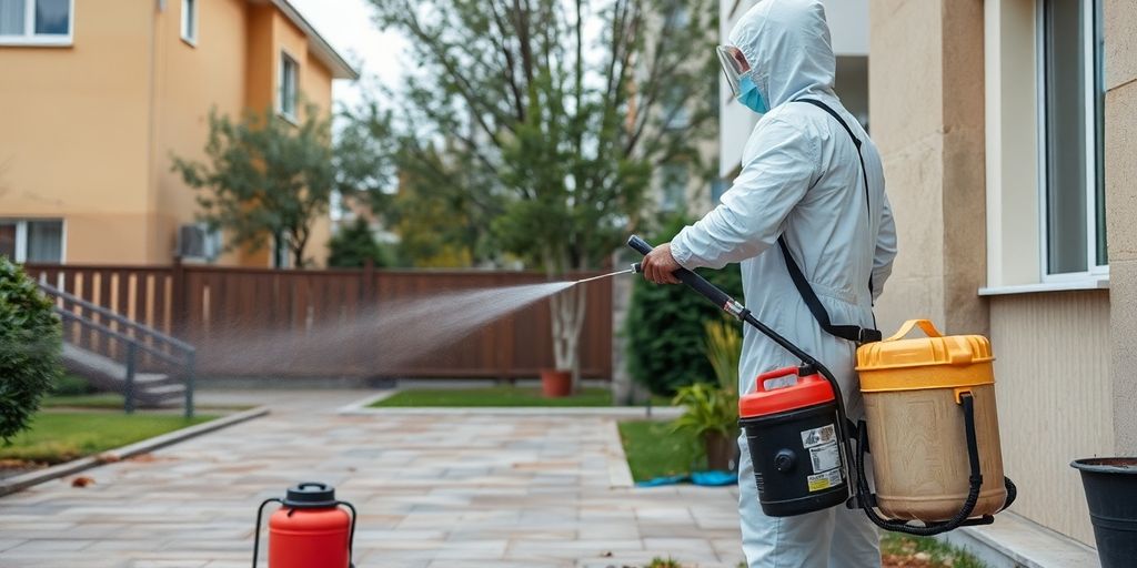 Specialist în dezinsecție aplicând soluții de deratizare.