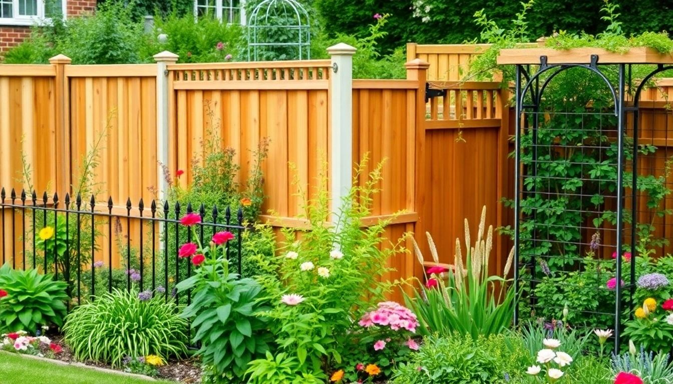 Various styles of garden fencing in a lush garden.