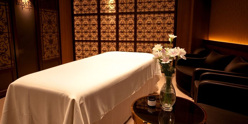 Elegant spa interior with soft lighting and plush decor.