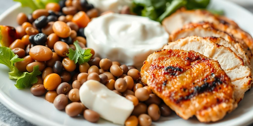 Healthy protein sources on a balanced meal plate.