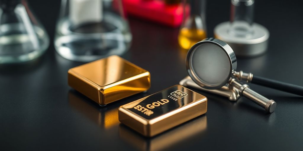Lingot d'or, loupe et équipement de test