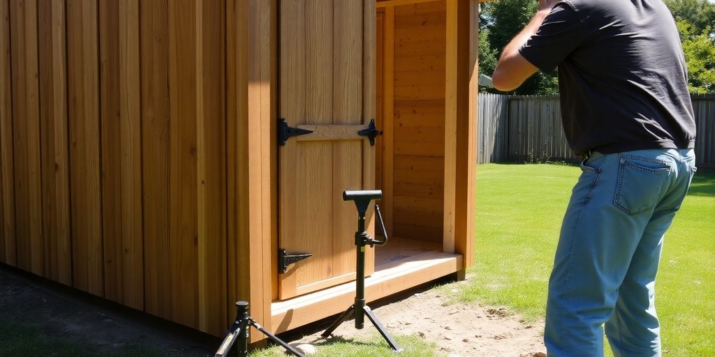 Man shimming shed, hydraulic jack nearby, Fort Worth yard.