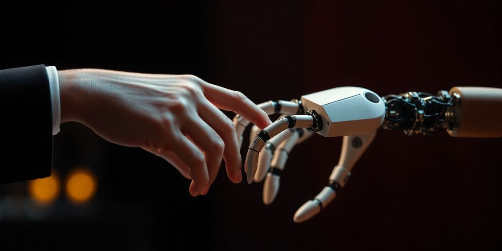 Human hand and robotic arm composing music together.