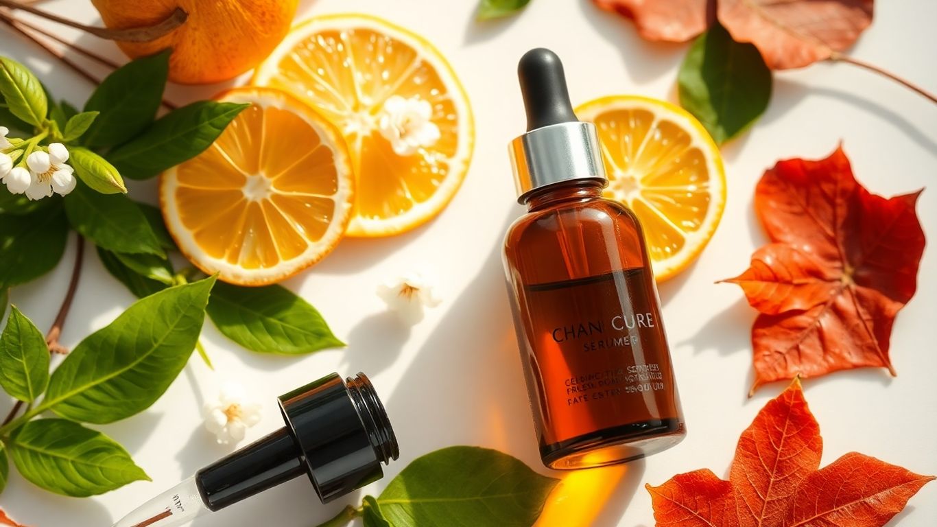 Amber serum dropper bottle with seasonal botanicals and dewy reflections.