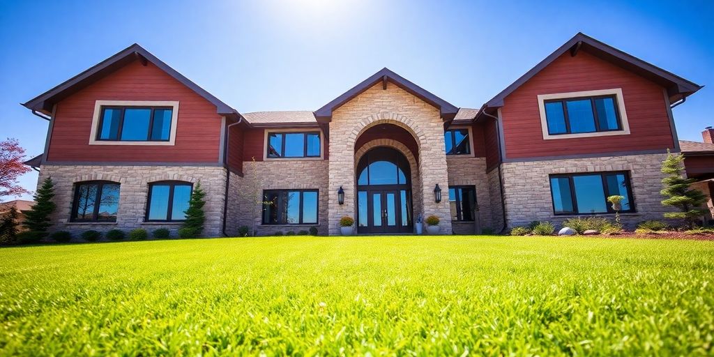 Modern custom home exterior with manicured lawn.