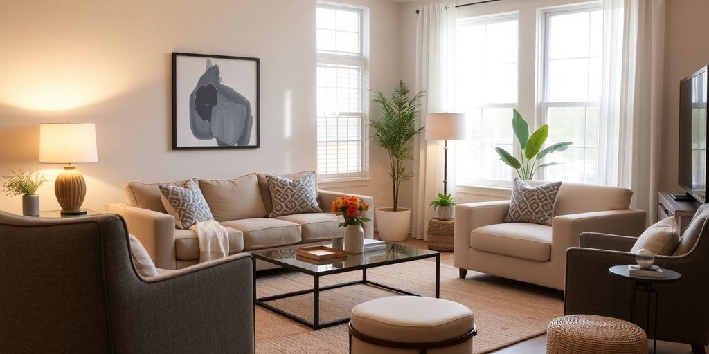 Staged living room with inviting decor and cozy atmosphere.