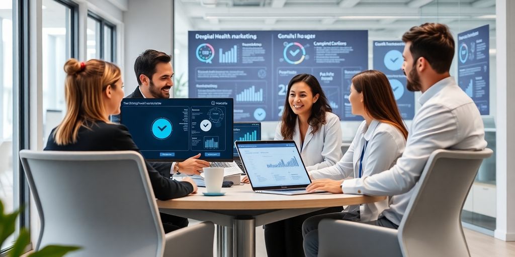 Profissionais de marketing digital em ambiente moderno e colaborativo.