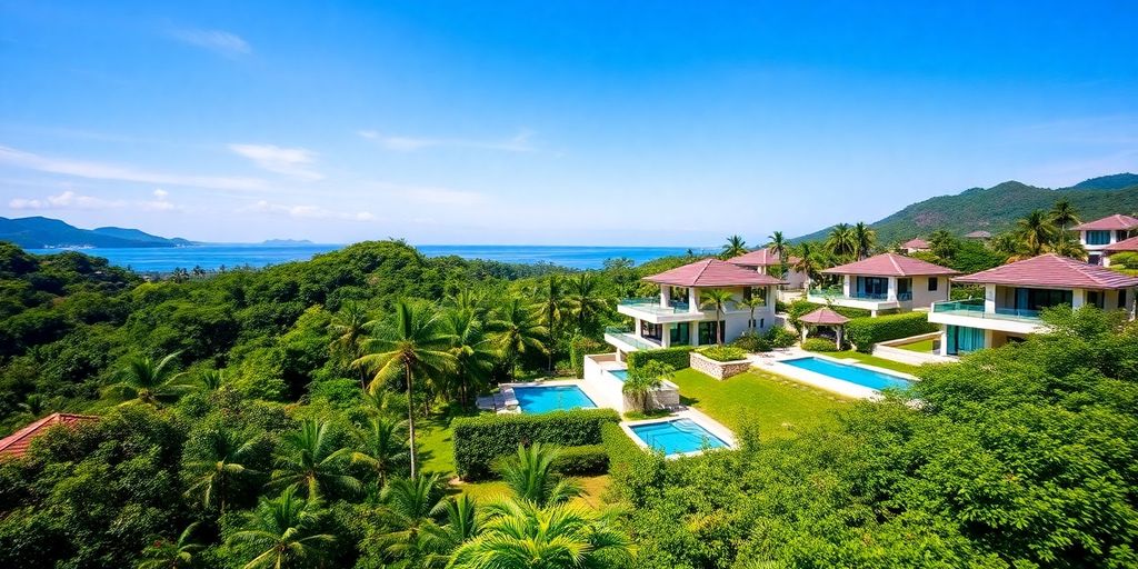 Luxurious villas in Phuket with blue skies and greenery.