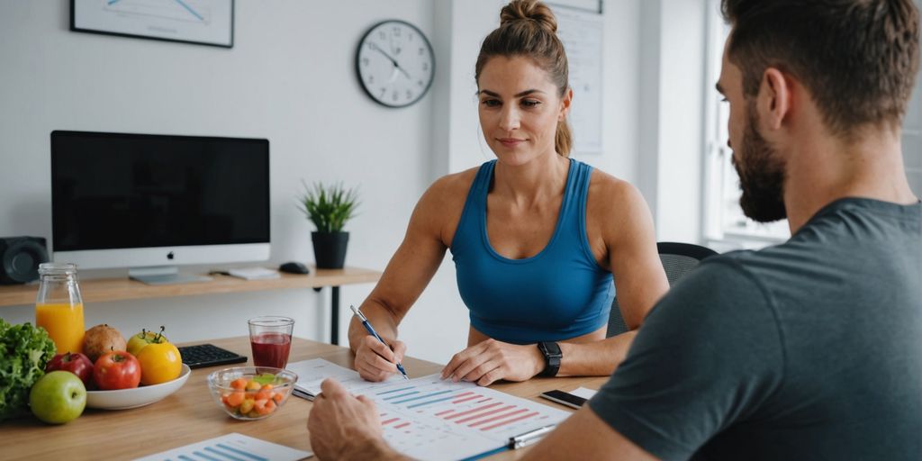 Nutrólogo consulting athlete with diet plan and healthy food.