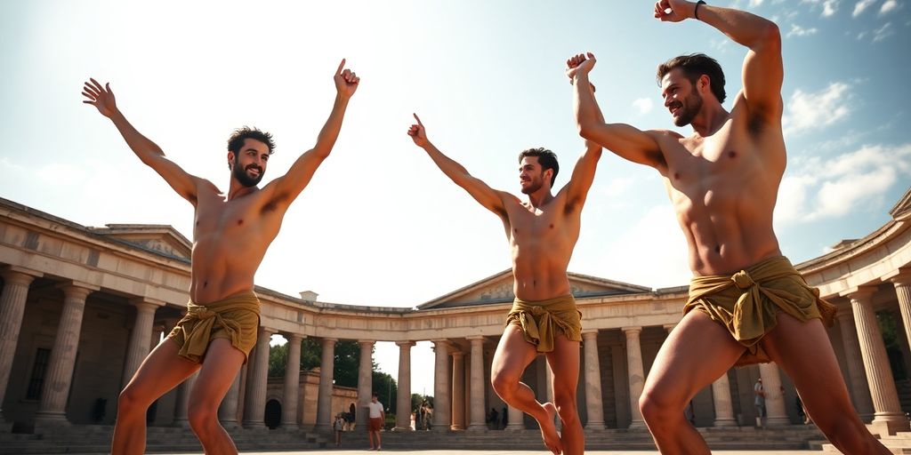 Ancient Greek gymnasts demonstrating athletic grace.