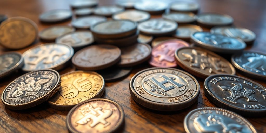 Close-up of rare coins on a wooden table.