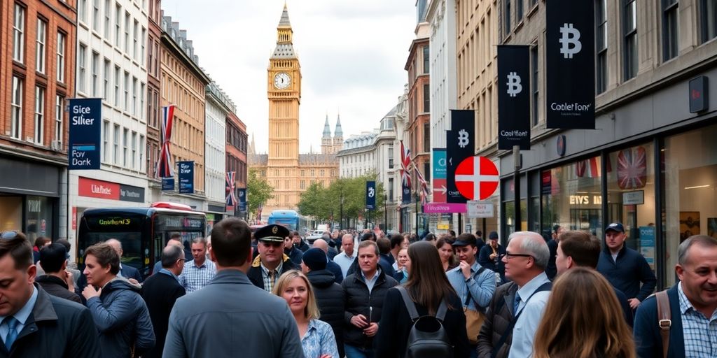 Crowded street with people discussing cryptocurrency issues.