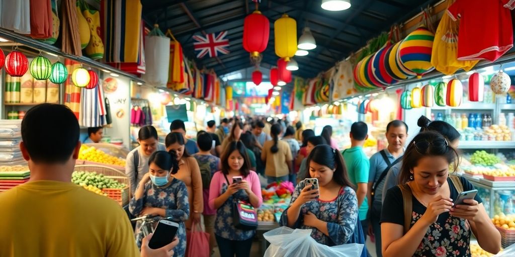 People shopping on mobile phones in a busy market.