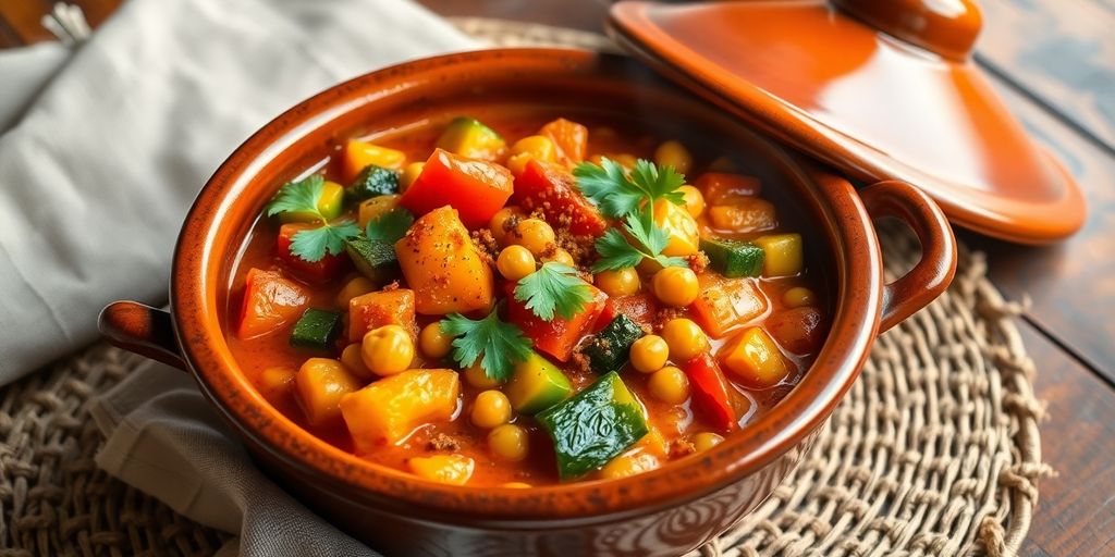 Colorful Moroccan vegetarian meal on a patterned plate.
