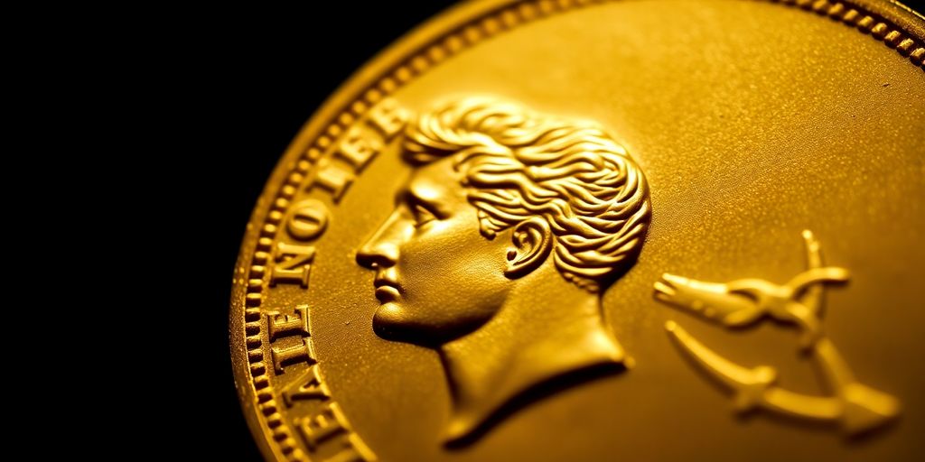 Monnaie en or de Napoléon sur fond sombre.