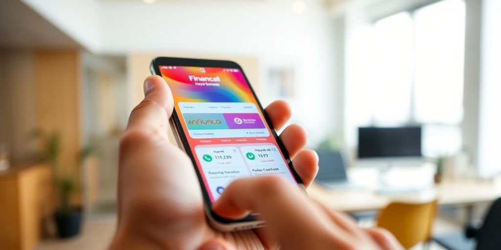 Man using phone with financial app