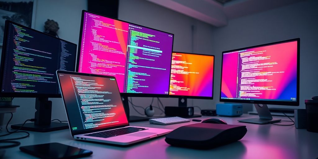Web developer workspace with laptop and coding screens.