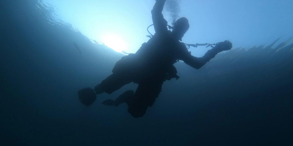 man in black wet suit under water