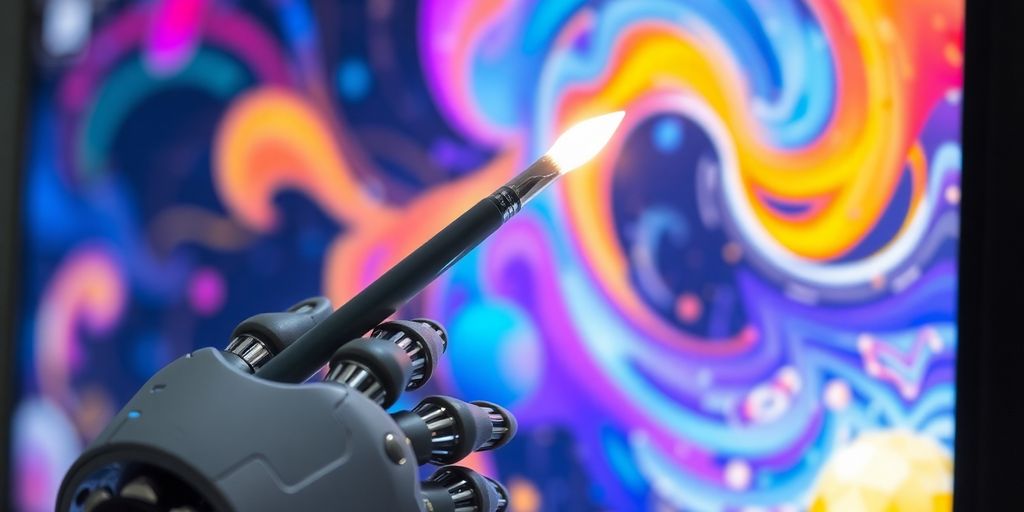 Robot hand painting digital art.