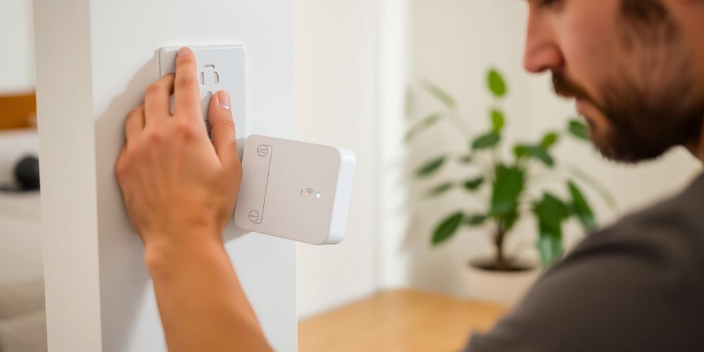 Homem conecta extensor de sinal Wi-Fi.