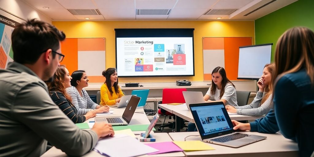 Students in a classroom learning email marketing strategies.