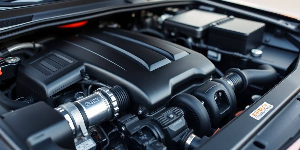 Detailed view of a car engine's components.