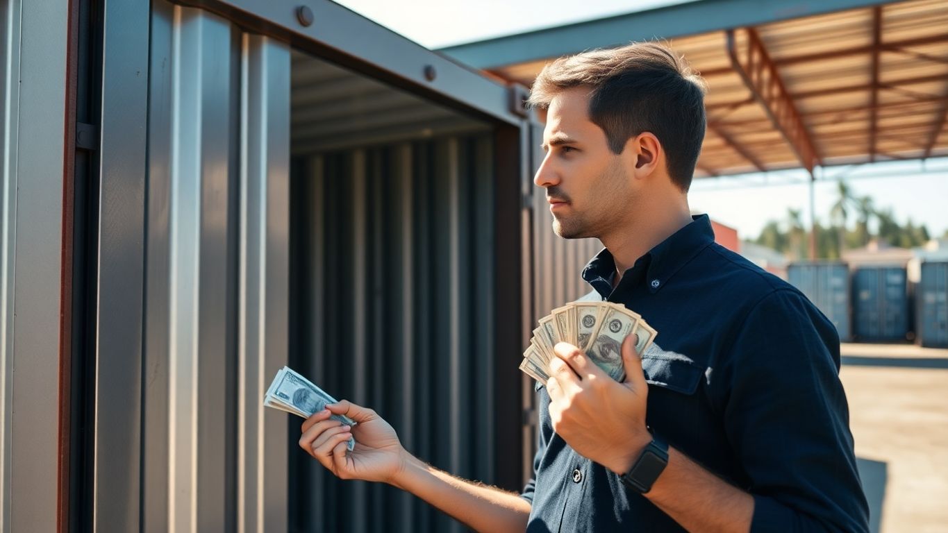 Man looking at container, money in hand.
