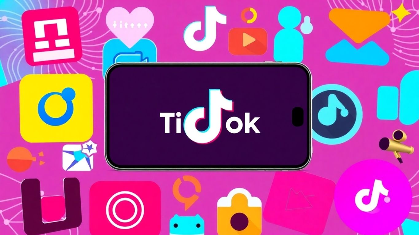 Colorful TikTok icons with a smartphone on a bright background.