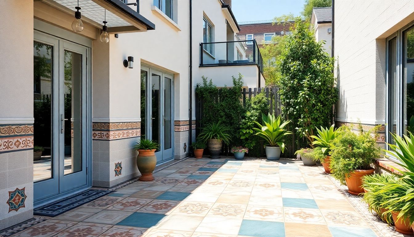 Realistic external patio with vibrant tiled patterns.