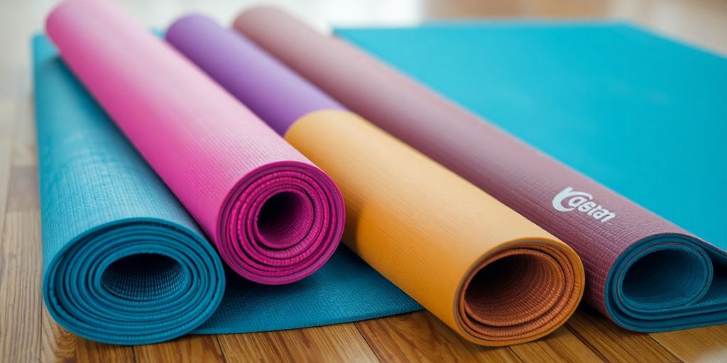 Different thicknesses of colorful yoga mats on a floor.