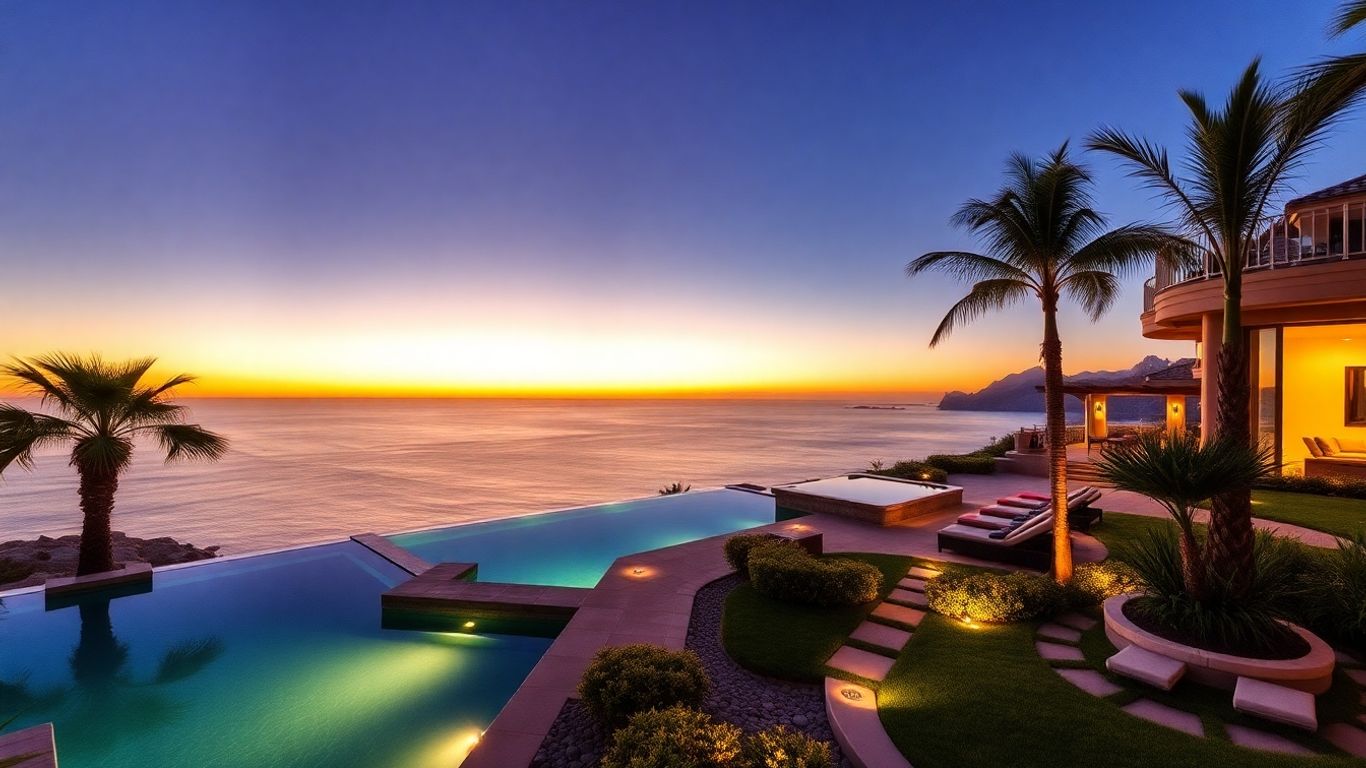 Luxury Cabo villa with pool, palm trees, and ocean view