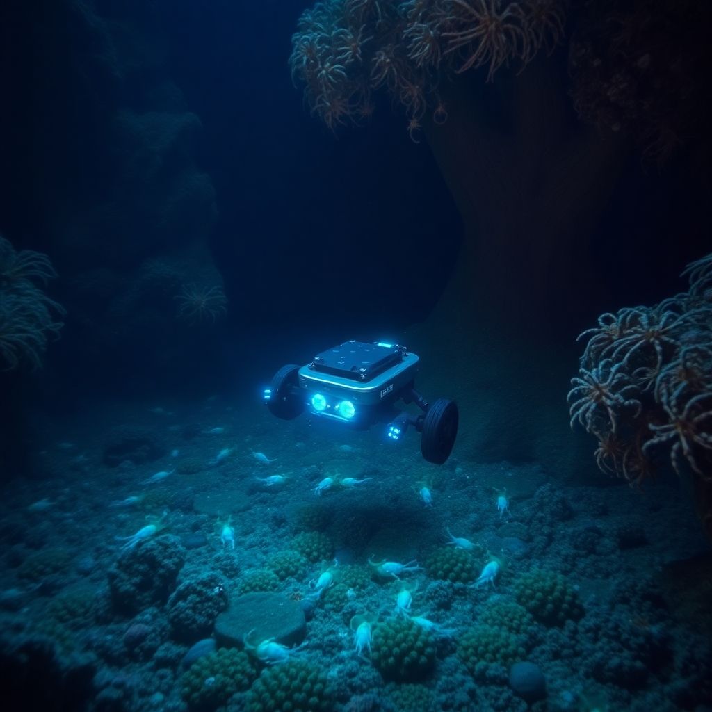 Tiny robot navigating the deep ocean with marine life.