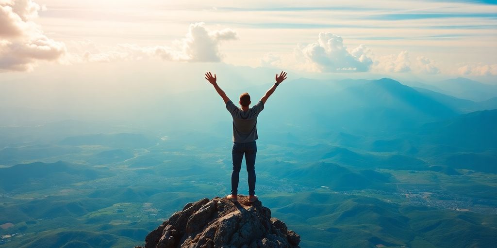 Person on mountain peak with arms raised in triumph.