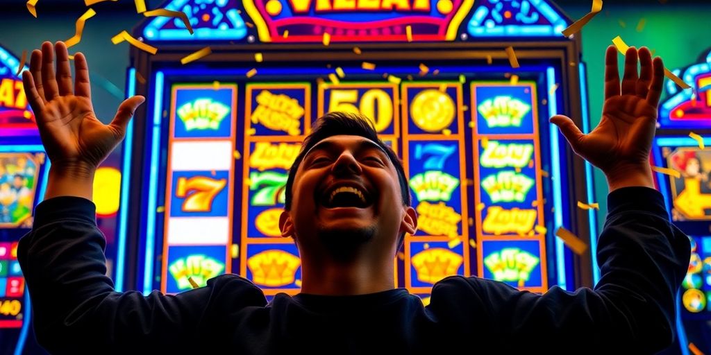 Person celebrating winning a large slot machine jackpot.