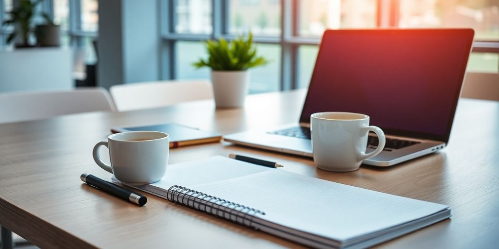 Modern office desk with laptop and coffee cup.