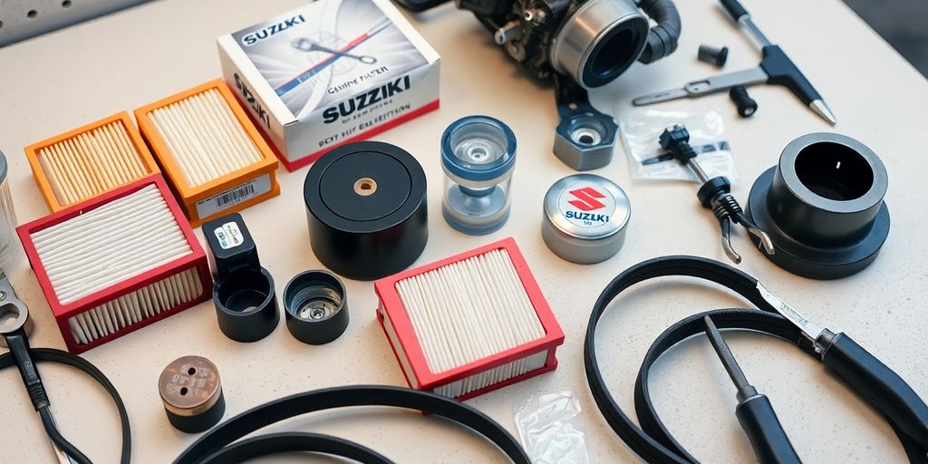 Suzuki OEM parts on a workbench.