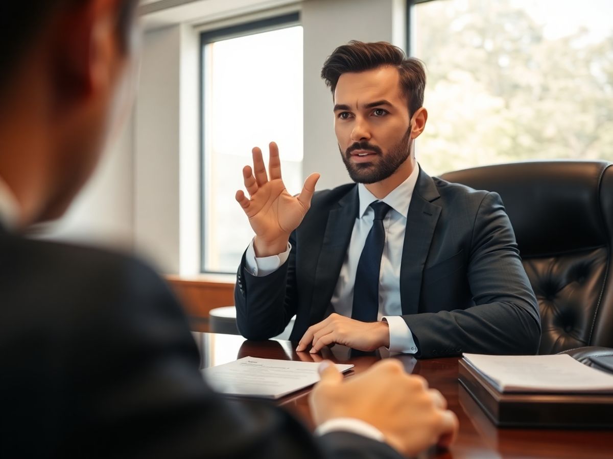 Avocat penalist consultând un client într-un birou modern.