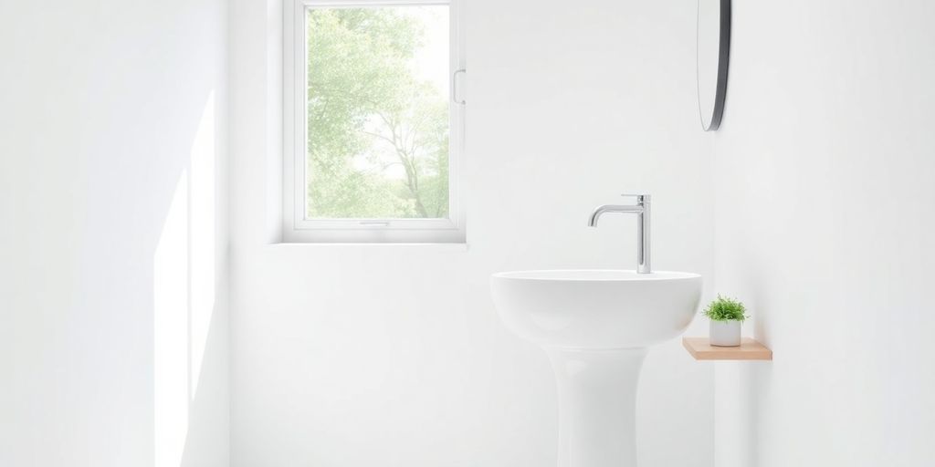 Modern bathroom with elegant freestanding sink.