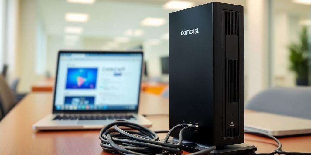 Comcast modem and router in a modern office setup.