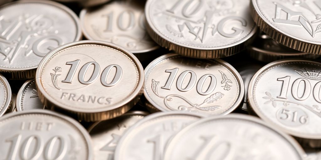 Pièces de 100 francs en argent, gros plan.