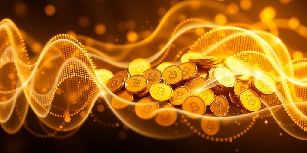 Sound waves merging with golden coins for financial abundance.