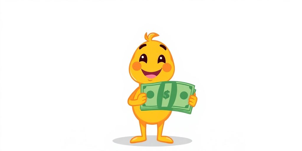 Cartoon person holding money, smiling.