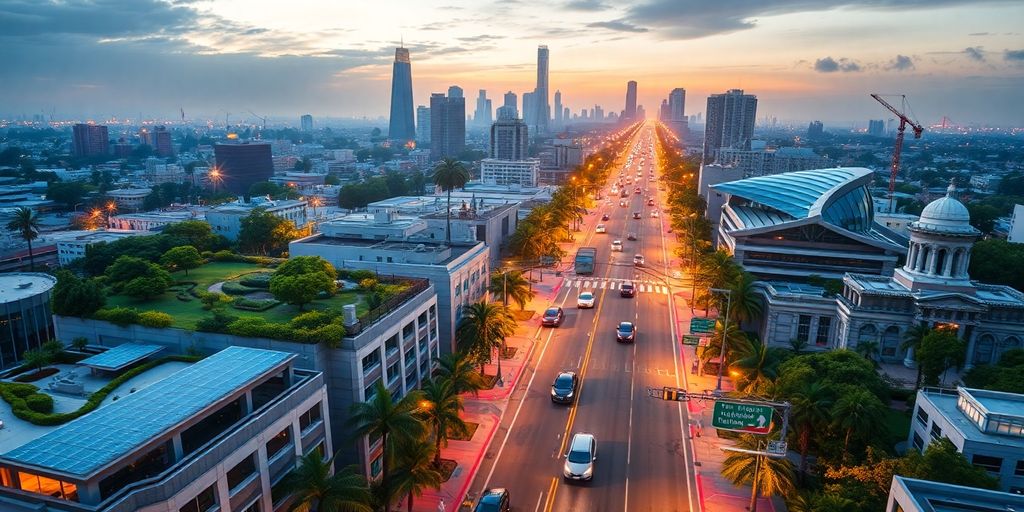Futuristic Los Angeles skyline with green spaces and smart tech.