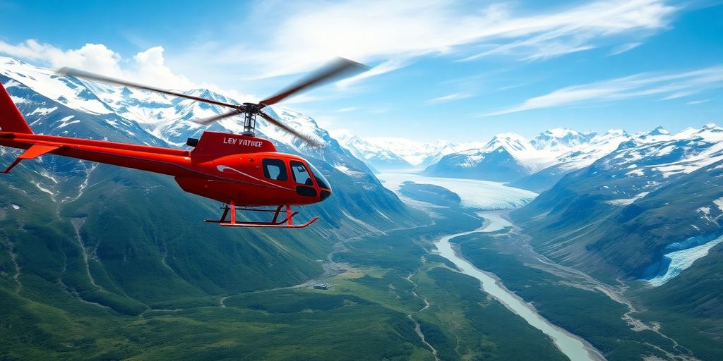 A red helicopter soars above vast Alaskan glaciers and mountains.