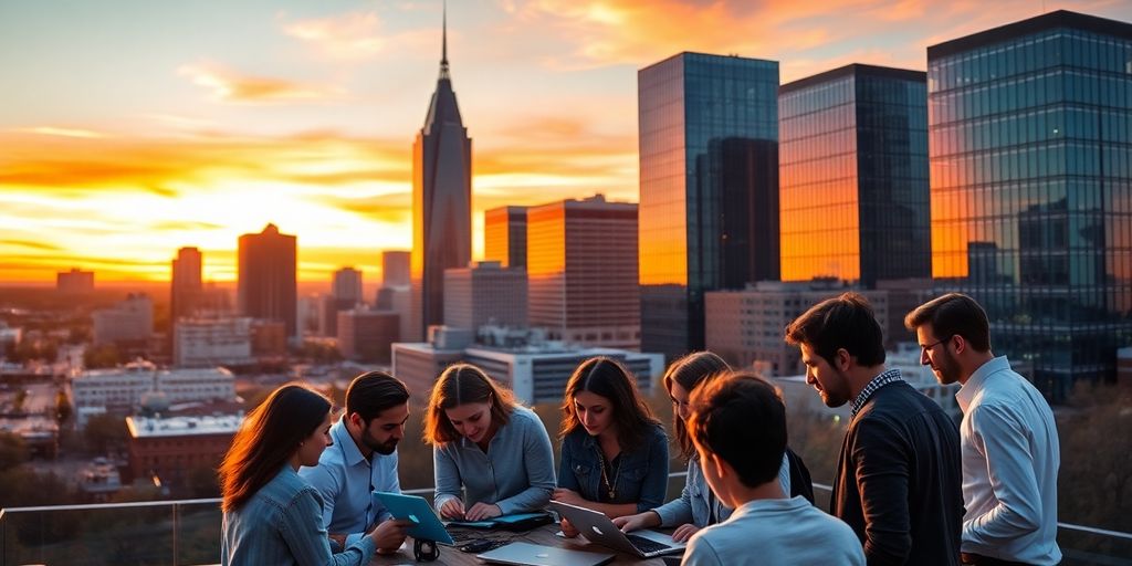 Nashville skyline with professionals using advanced technology.