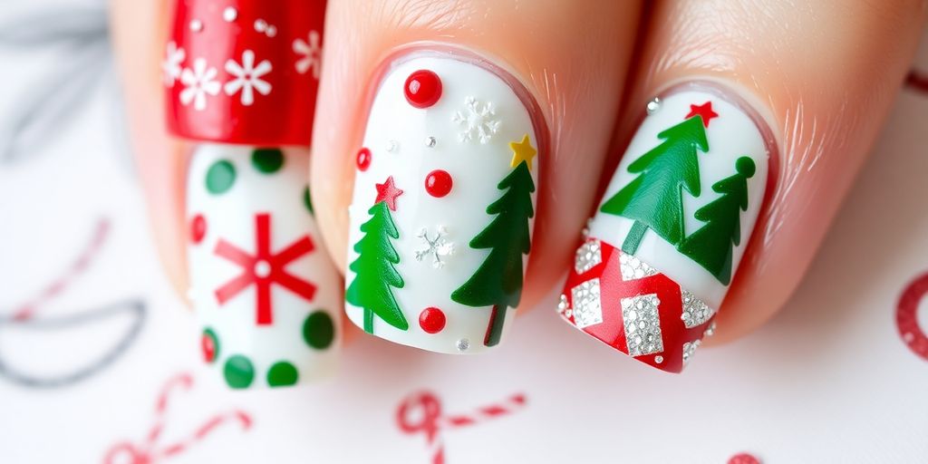 Unhas decoradas com temas natalinos em fundo festivo.